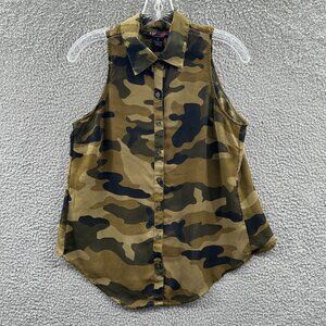 Body‎ Central Womens Top Medium Green Camo Sleeveless Button Front Shirt Blouse
